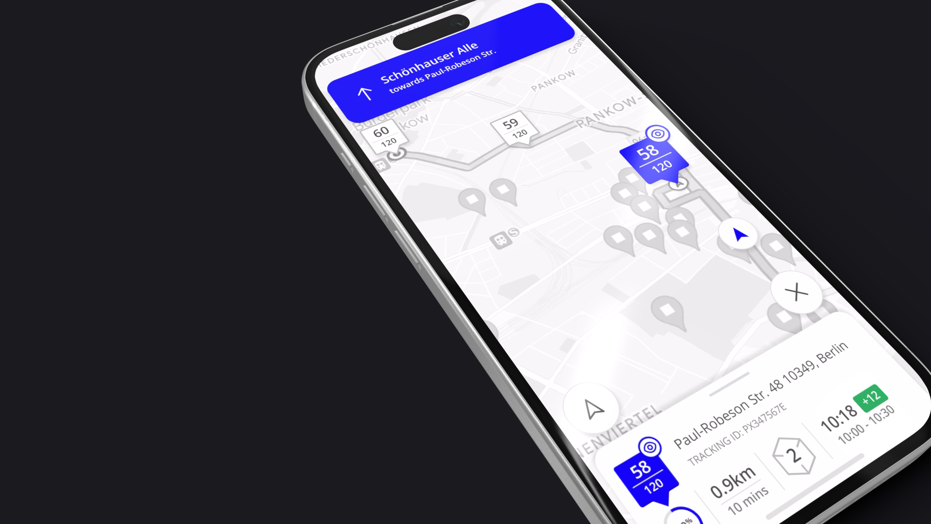 Bettermile Driver Navigation — A UX challenge to rethink the core navigation screen for last-mile delivery drivers, combining real-time route data, tracked parcel indicators and clearer task visibility.